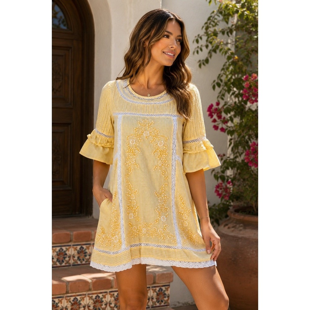 Free People Yellow Gingham Embroidered Lace Tunic Dress XS Cottagecore Boho